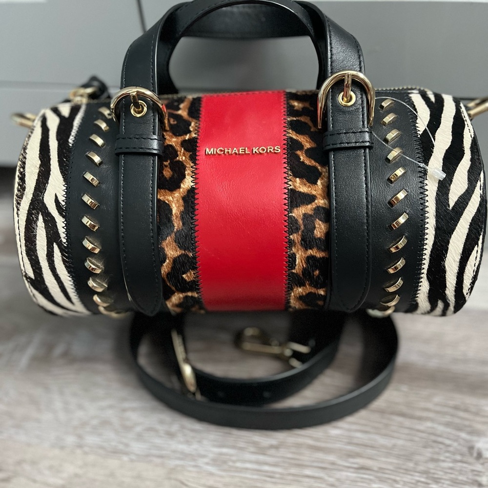 Michael Kors Black, Red, and Animal Print Crossbody Bag